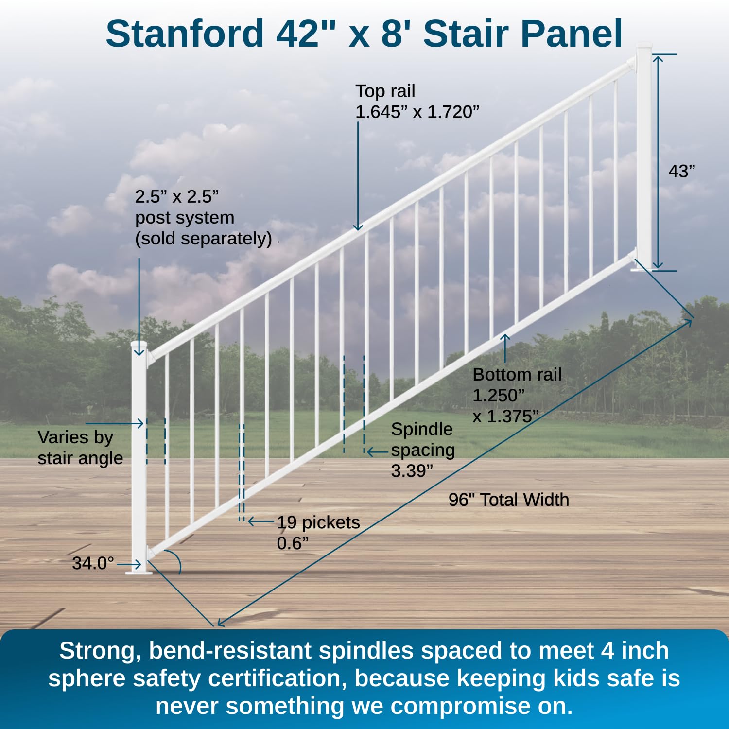 Weatherables 42 in. H x 8 ft. W Stanford Stair Railing Kit – Aluminum Porch & Deck Railing Kit with White Powder-Coated Finish, Adjustable Outdoor Hand Rail Kit
