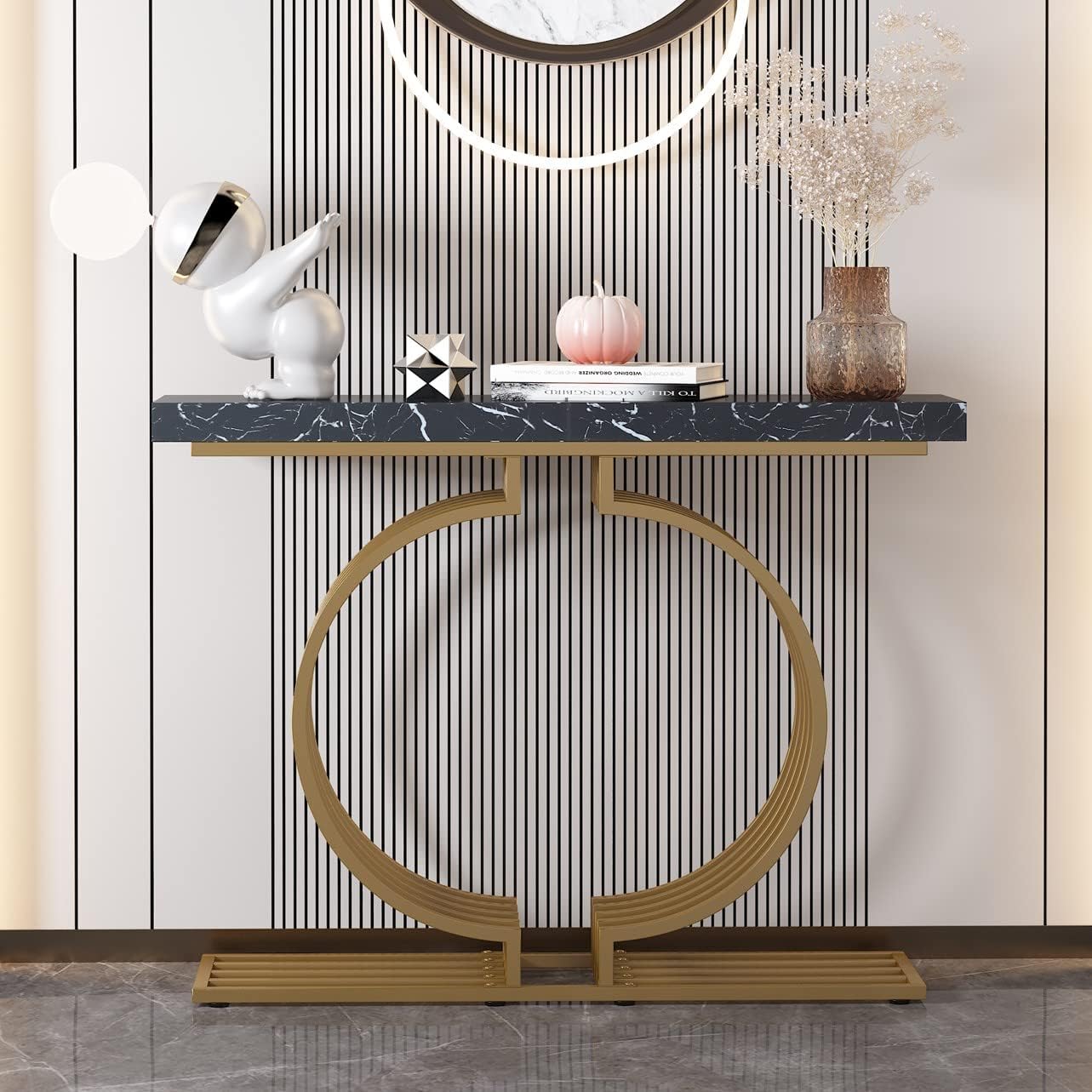 Tribesigns Modern Console Table with Gold Base, 40 inch Geometric Entryway Sofa Table Narrow Long, Contemporary Accent Table for Living Room, Entryway, Hallyway, Entrance (Black/Gold)