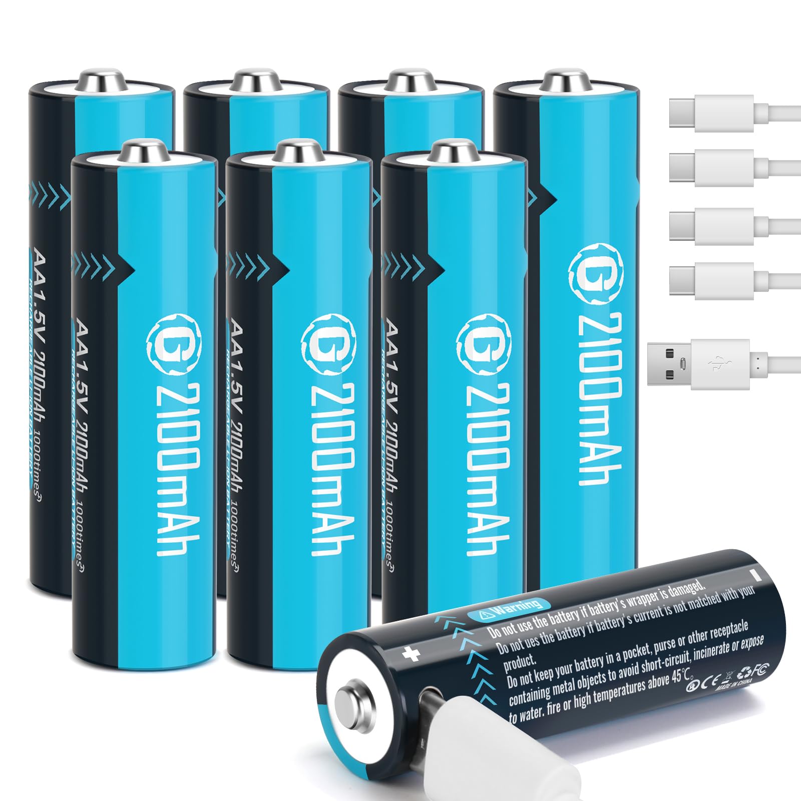 wowpowerRechargeable Lithium AA Cell Batteries with USB-C Charging Cable, 1.5v 2100mAh AA Size Battery for Xbox,Toys(8 Pack)