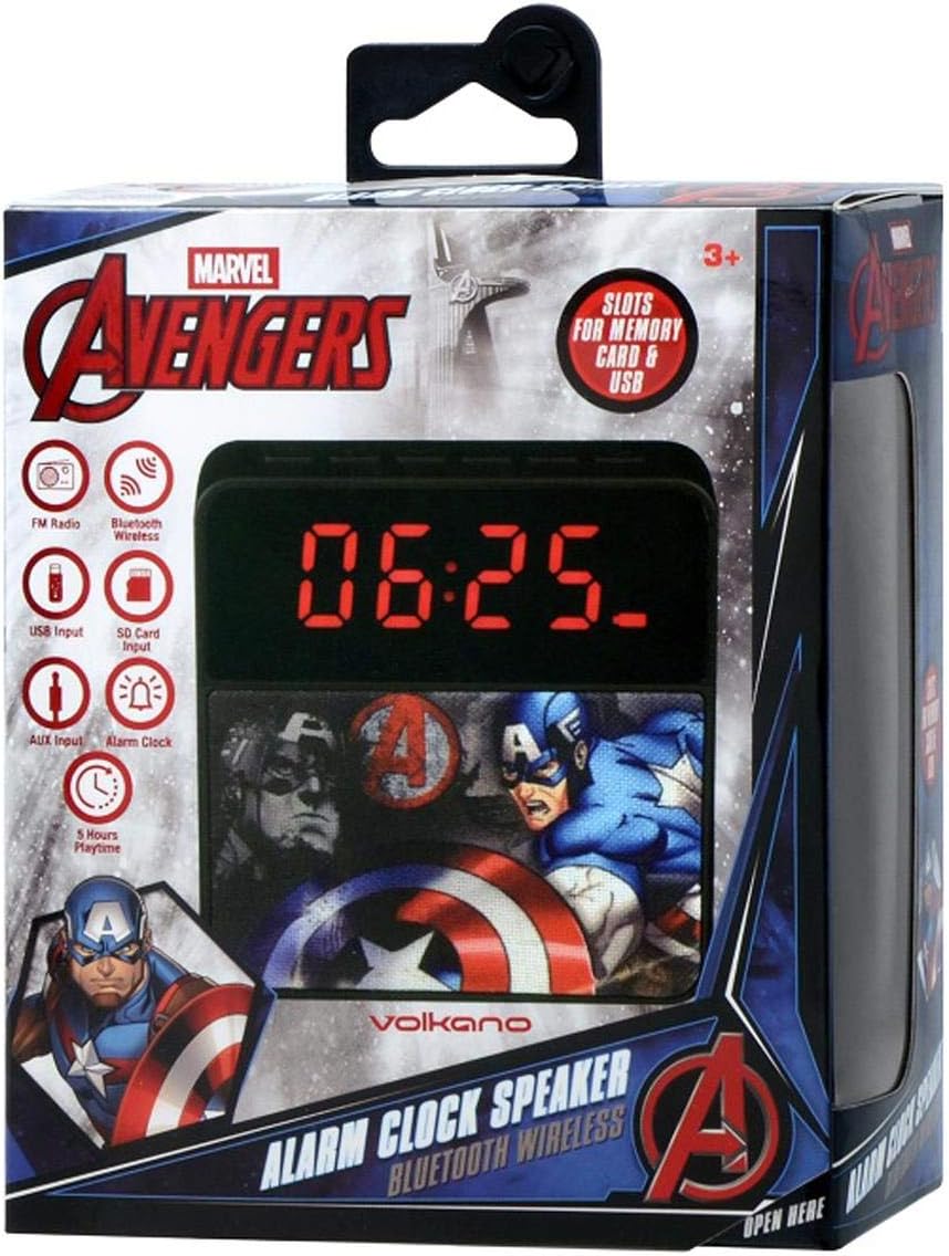 Volkano Marvel Avengers MV-1011-AV speaker in its retail packaging, featuring Captain America and Iron Man designs.
