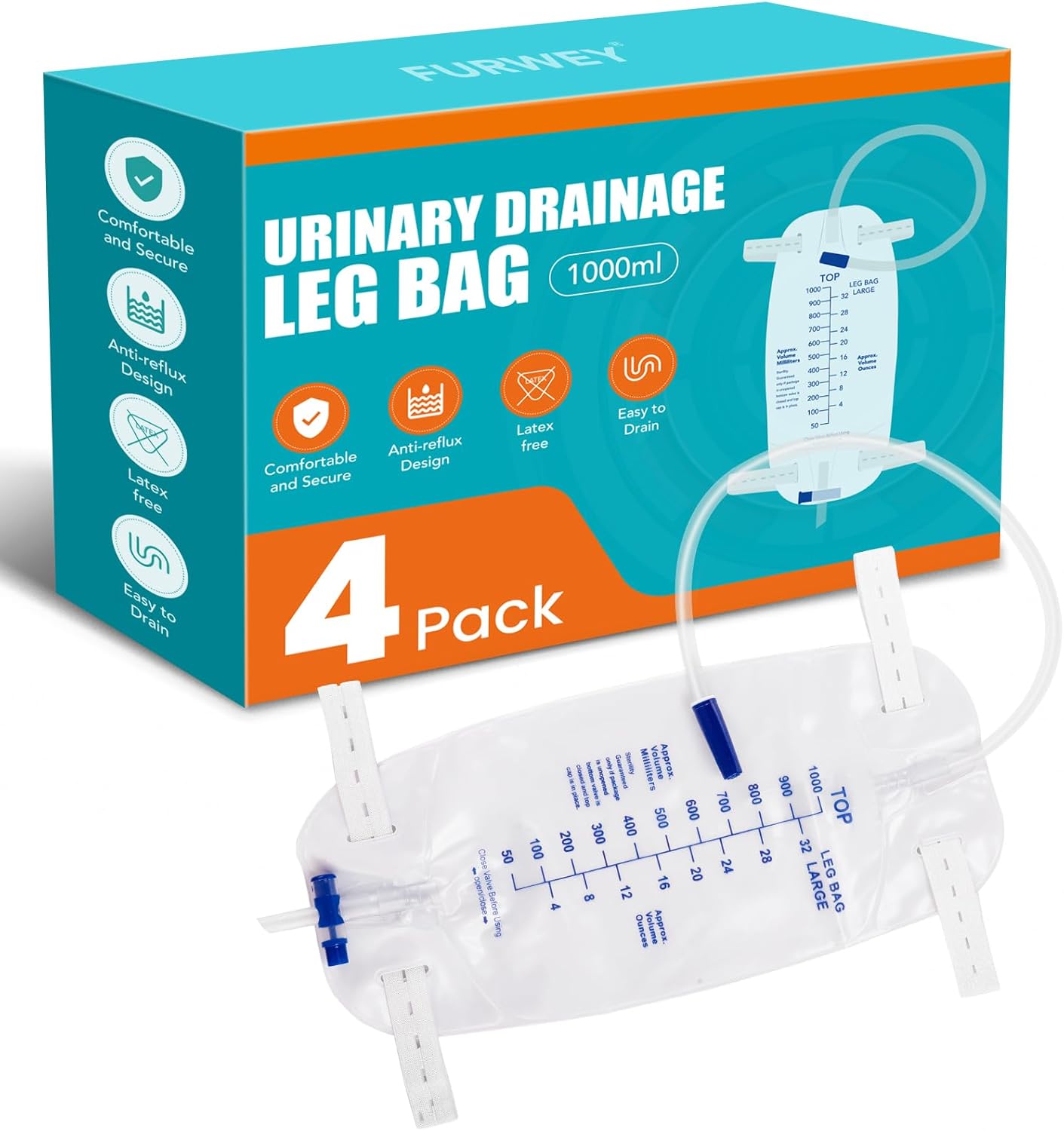 4 Pack 1000ml Catheter Bags with 18” Drainage Tube,Anti Reflux Valve,Large Capacity Urine Leg Catheter with Two Latex-Free Straps, Easy Flip Drain, Urinary Catheter for Men, Women