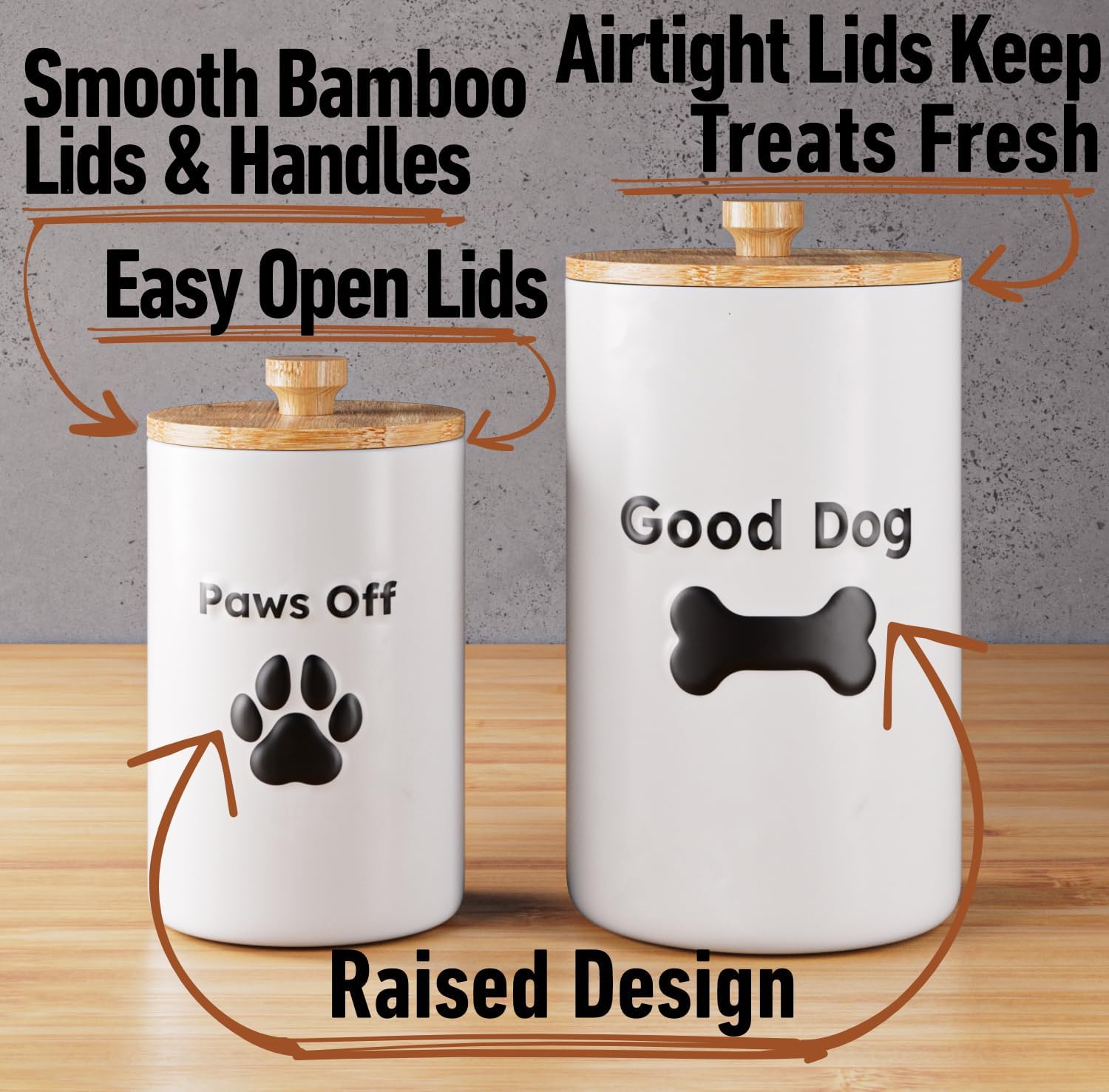 Dog Treat Container Airtight Set of 2 - 9x5 & 7x4 inch Ceramic Dog Treat Jars for Kitchen Counter with Airtight Lids - 11 Cup Capacity Pet Treat Container Set - Doggie Cookie Jar - Big Treats Canister