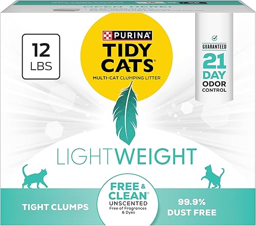 Purina Tidy Cats - Arena para gatos ligera, libre y limpia, sin perfume, multigato, aglutinante, 99.9% libre de polvo, caja de 12 libras