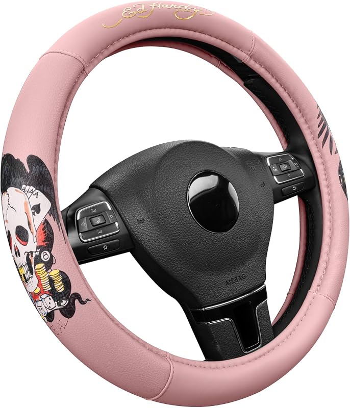 Capa para Volante ED HARDY Rosa com Estampa Casino Skull em Couro, Compatível com Volantes de 36,8 a 39,4 cm
