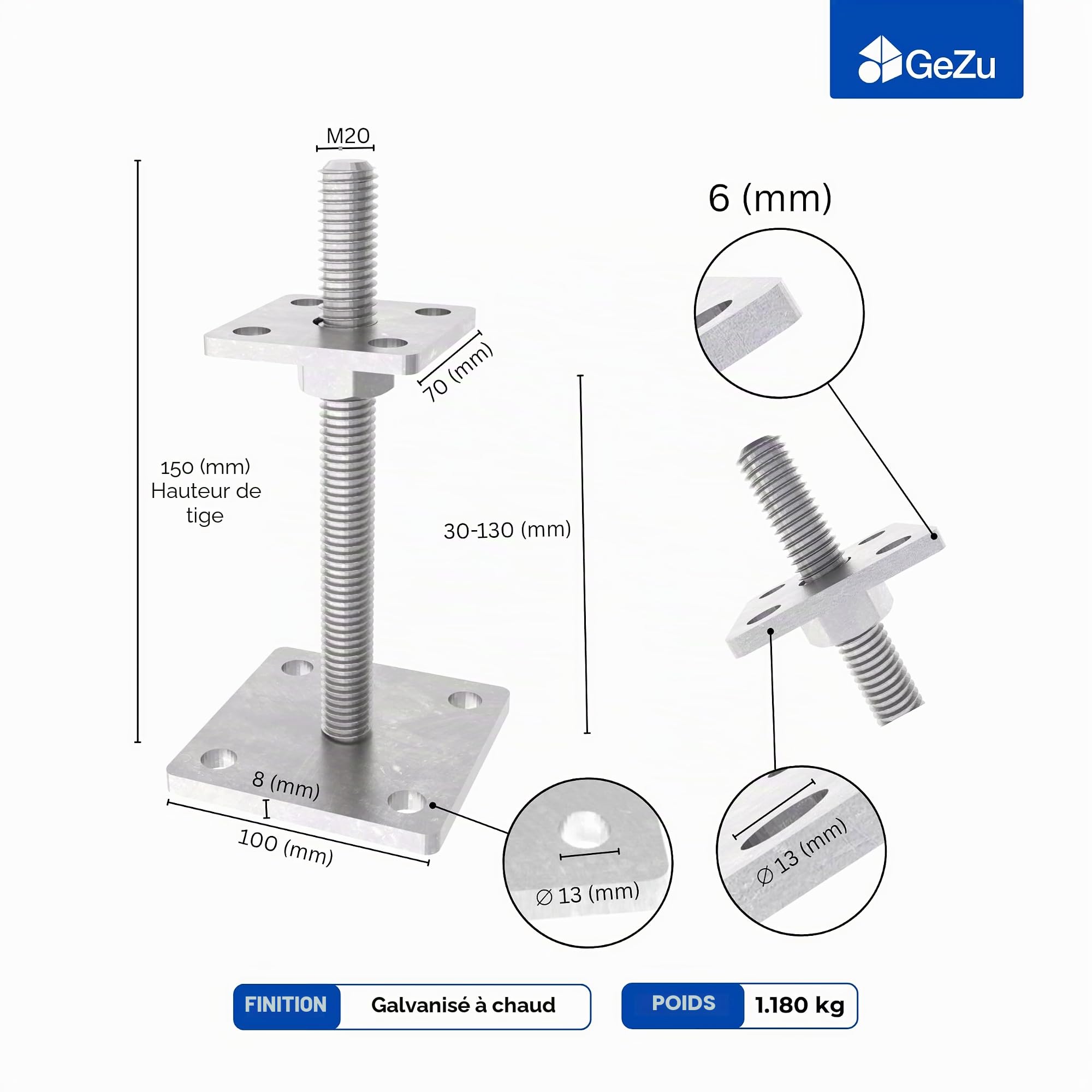 GeZu Impex Support de poteau hauteur reglable 70 x 70 mm Lot de 4 | Galvanisé à Chaud Hauteur Reglable Platine Bois Pied Poteaux Clôture