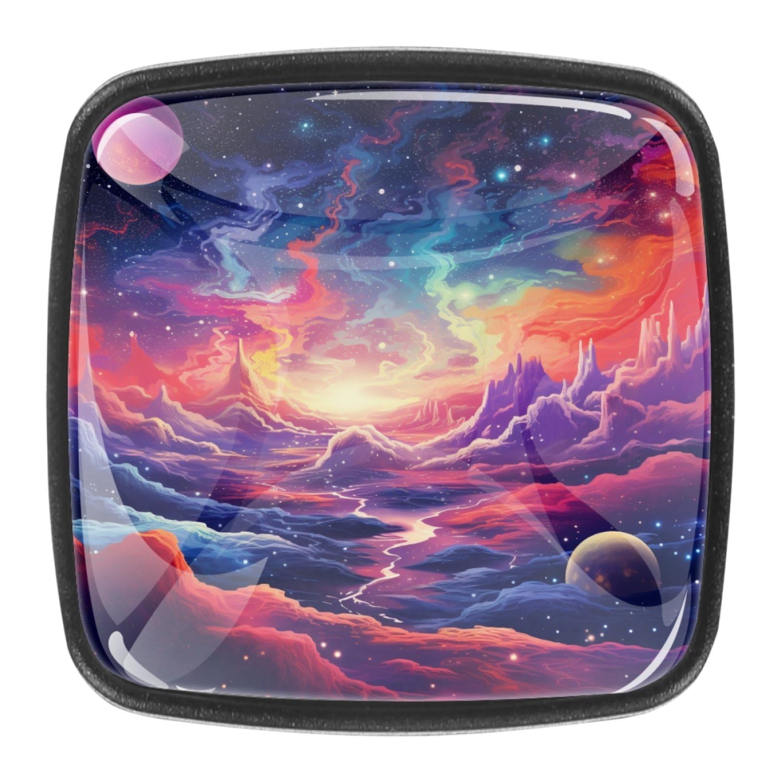 4 Pcs Square Shape Glass Drawer Knob Galactic Planet Print Pull Handle with Screws for Home Bathroom Office Cabinet