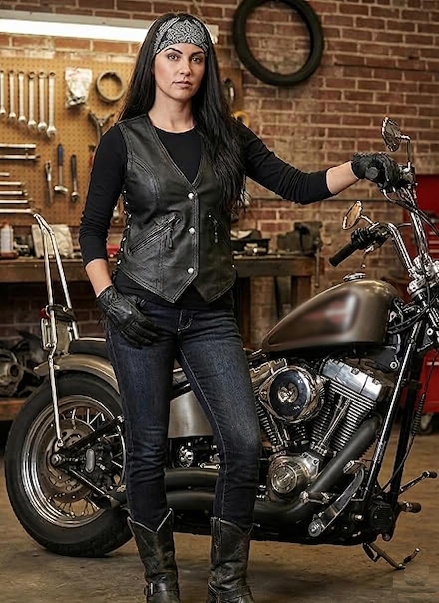 Damska skórzana kamizelka motocyklowa Vintage Biker Fashion