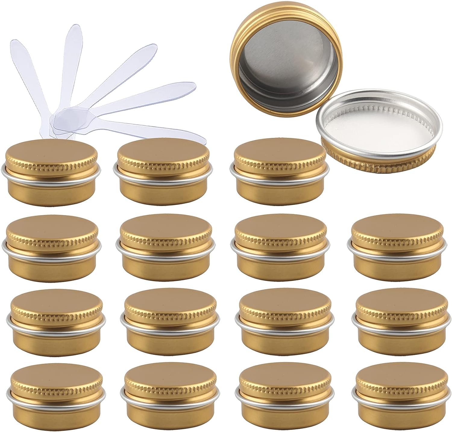 FLYIODFCXV cosmetic jar, 48 PC Aluminium Tins with Screw Lids Storage Jars Cosmetics Containers Pots with 6 Spatula(Gold,0.5 Ounces)