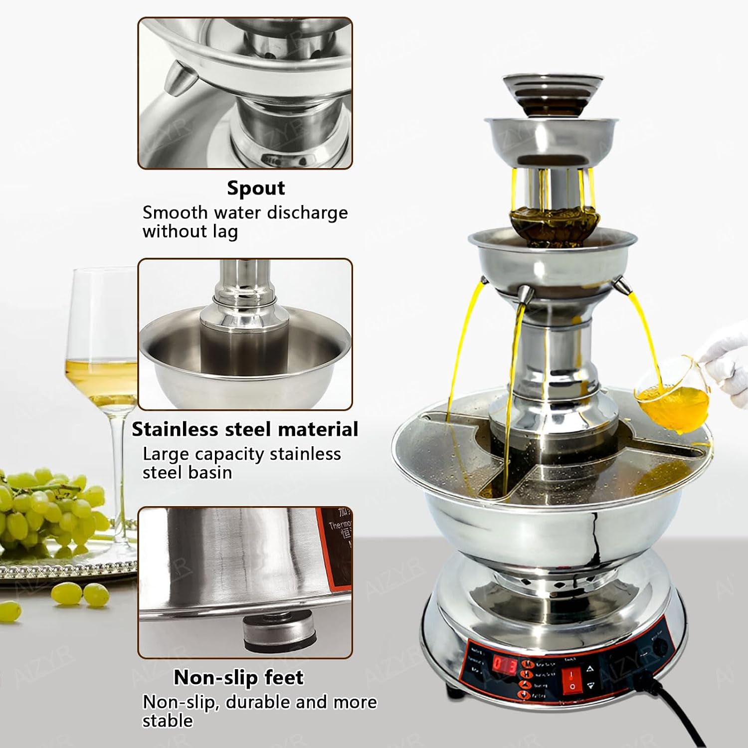 AIZYR Wine Fountain Machine 3 Tier Electric Juice Fountain Machine, Red Wine Dispenser Wine Fondue Tower for Kitchen Party Wedding