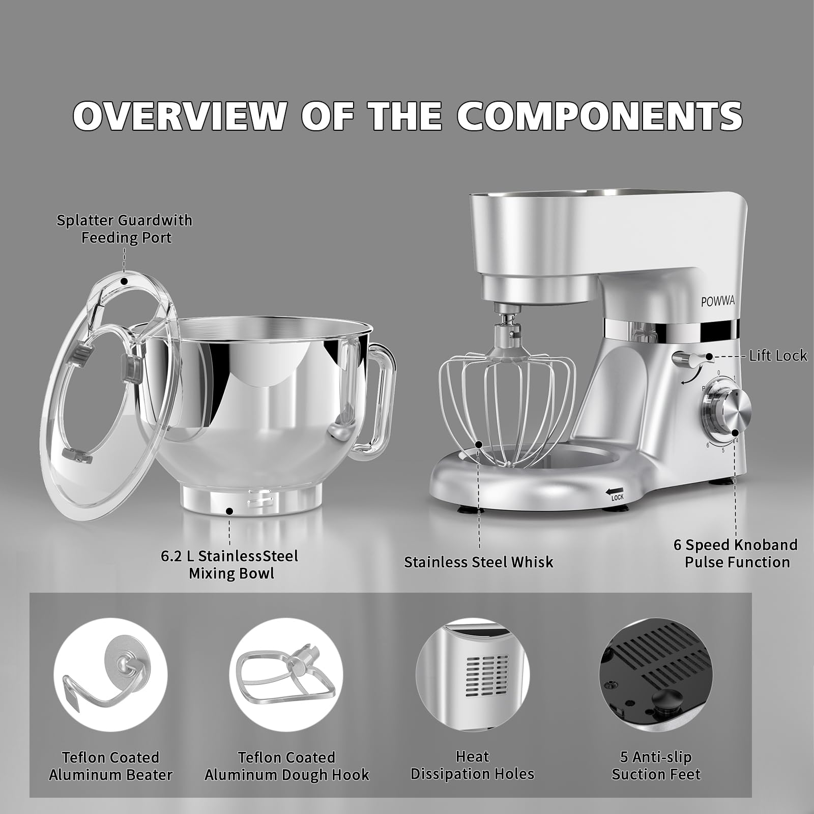 Küchenmaschine, POWWA 6,2 L Rührmaschine Knetmaschine, 6+1 Geschwindigkeit Teigmaschine,1500W Teigknetmaschine mit Schneebesen, Knethaken, Rührbesen & Spritzschutz zum Backen, Kuchen, Kekse