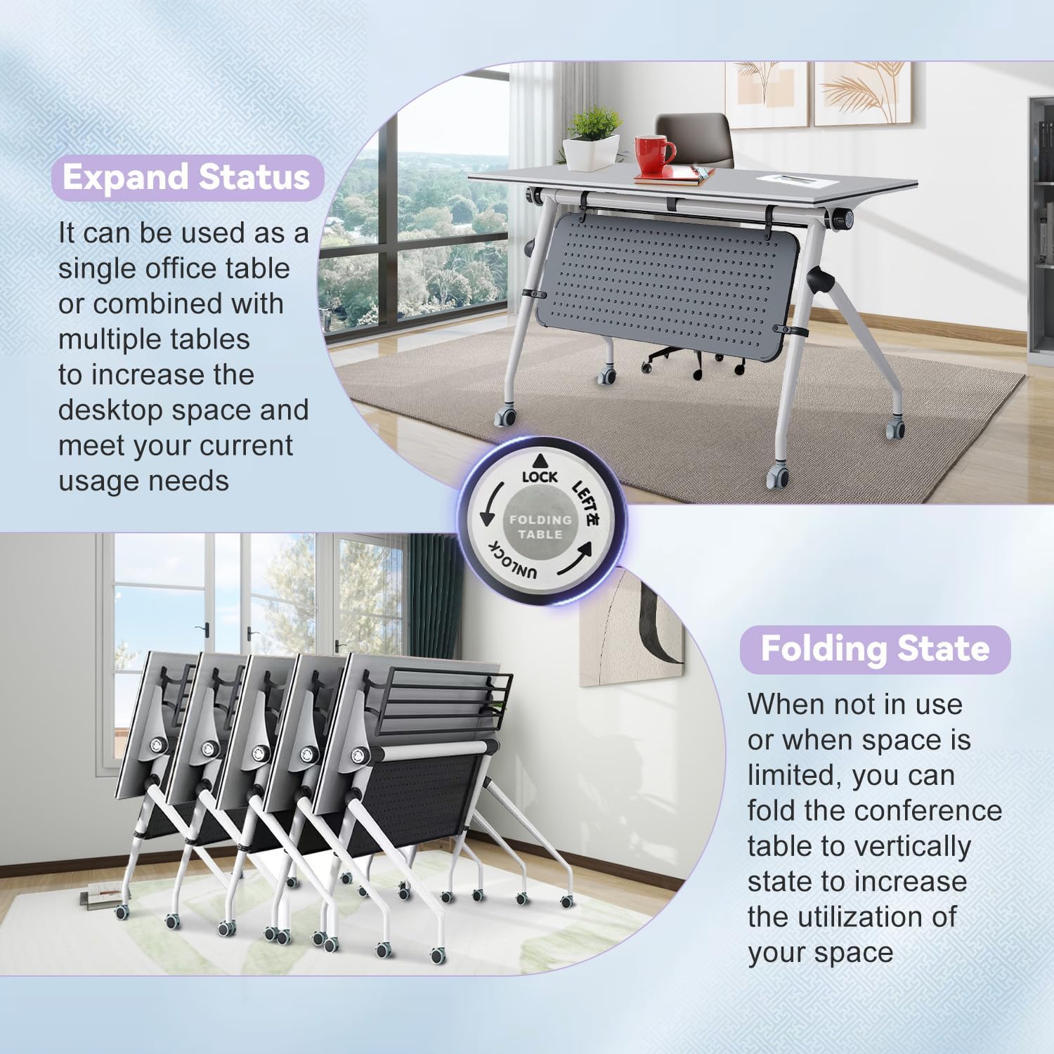 Folding Conference Table,Large Rectangle Conference Room Tables,Modern Meeting Seminar Table Mobile Training Table,Business Boardroom Desk for Office Conference Room,Classroom(6pcs,70.8in)
