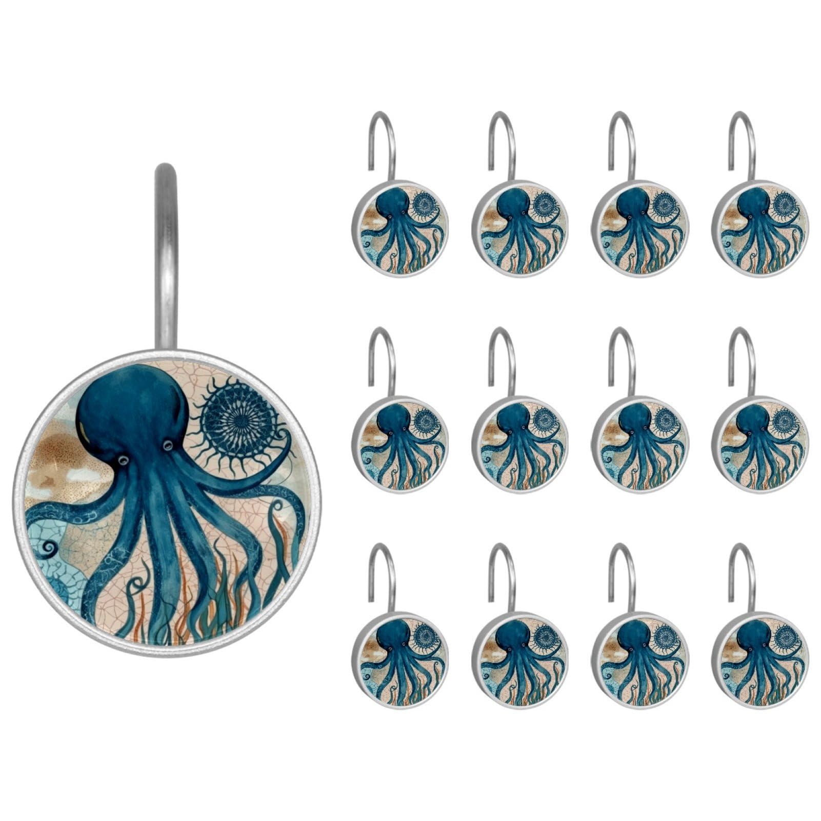 Octopus Decorative Shower Curtain Hooks Rings,Set of 12pcs Shower Curtain Hooks,Rustproof Decorative Shower Rings for Bathroom