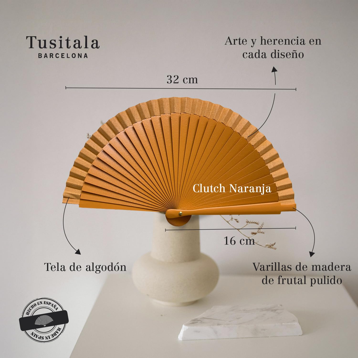 Abanico Español Clutch - Madera y Algodón - 16 cm - Estuche y Funda - Accesorio de Moda - Hecho a Mano en España - Eventos y Regalos - Colección Clutch