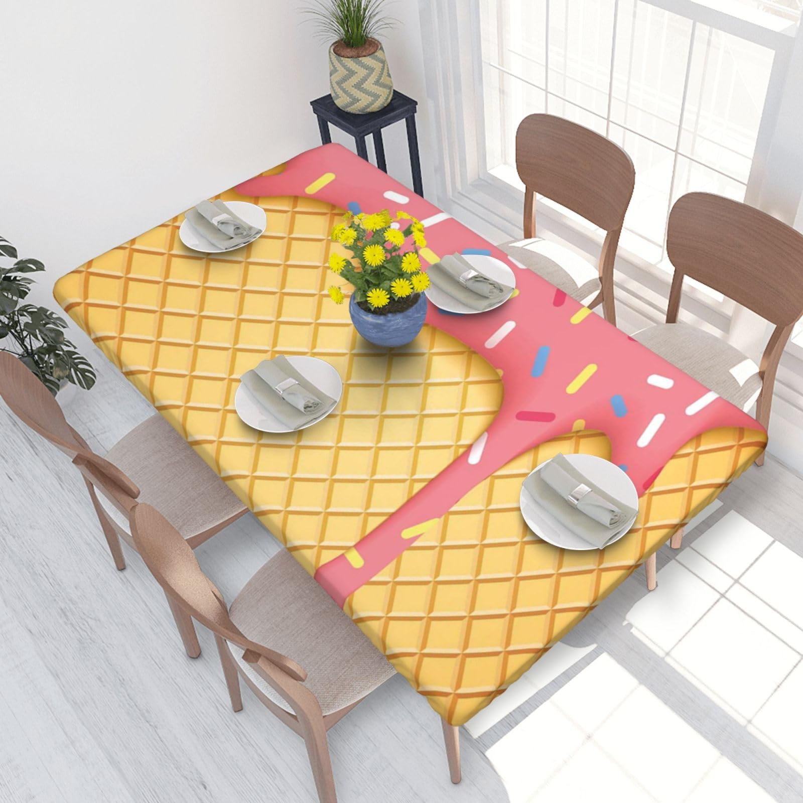 BNVSADC ice cream and Waffle Pattern Printed 4FT Tablecloth 122x76 CM Polyester Kitchen Water Resistant Table Cloth Dining Table Decoration Table Covers