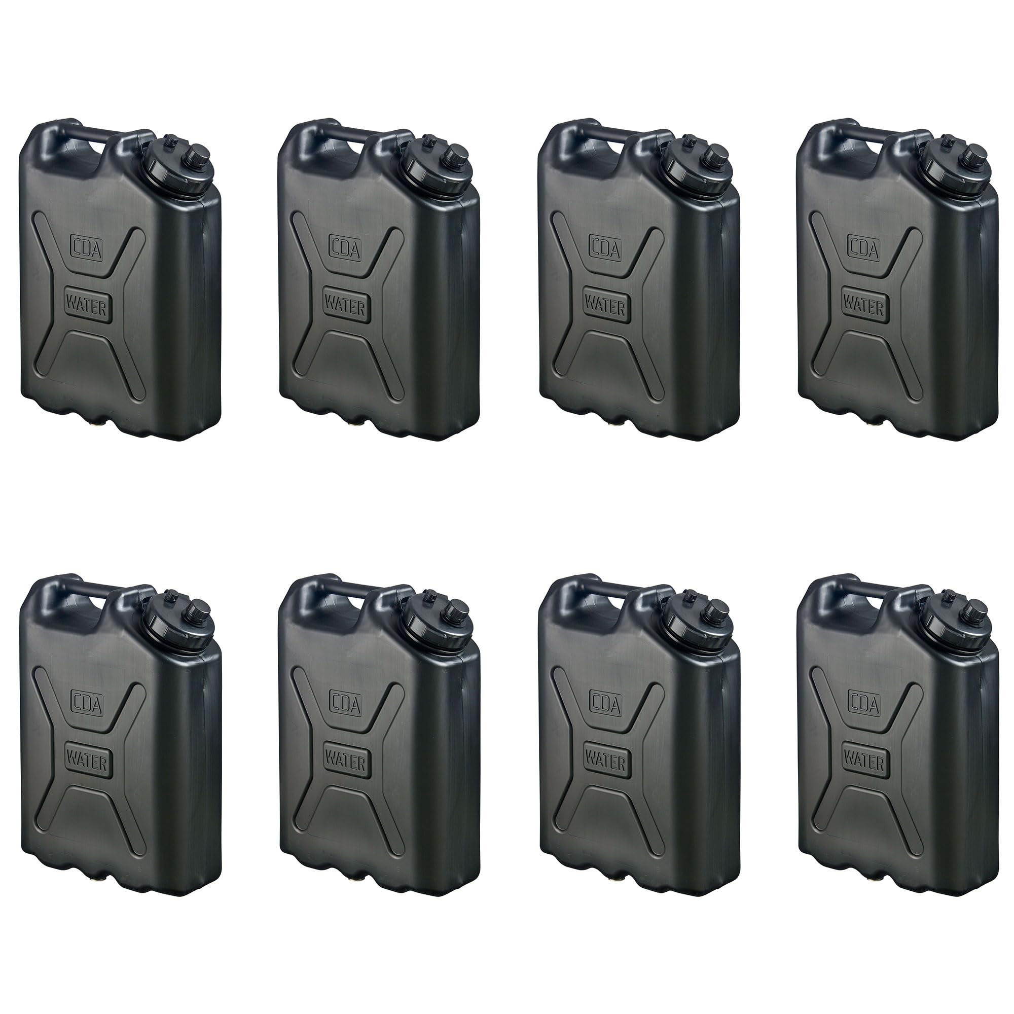 Scepter 5 Gallon Heavy Duty Military Style HDPE Plastic Water Container for Camping, Off-Roading, Boating, & Emergency Water Storage, (8 Pack), Black