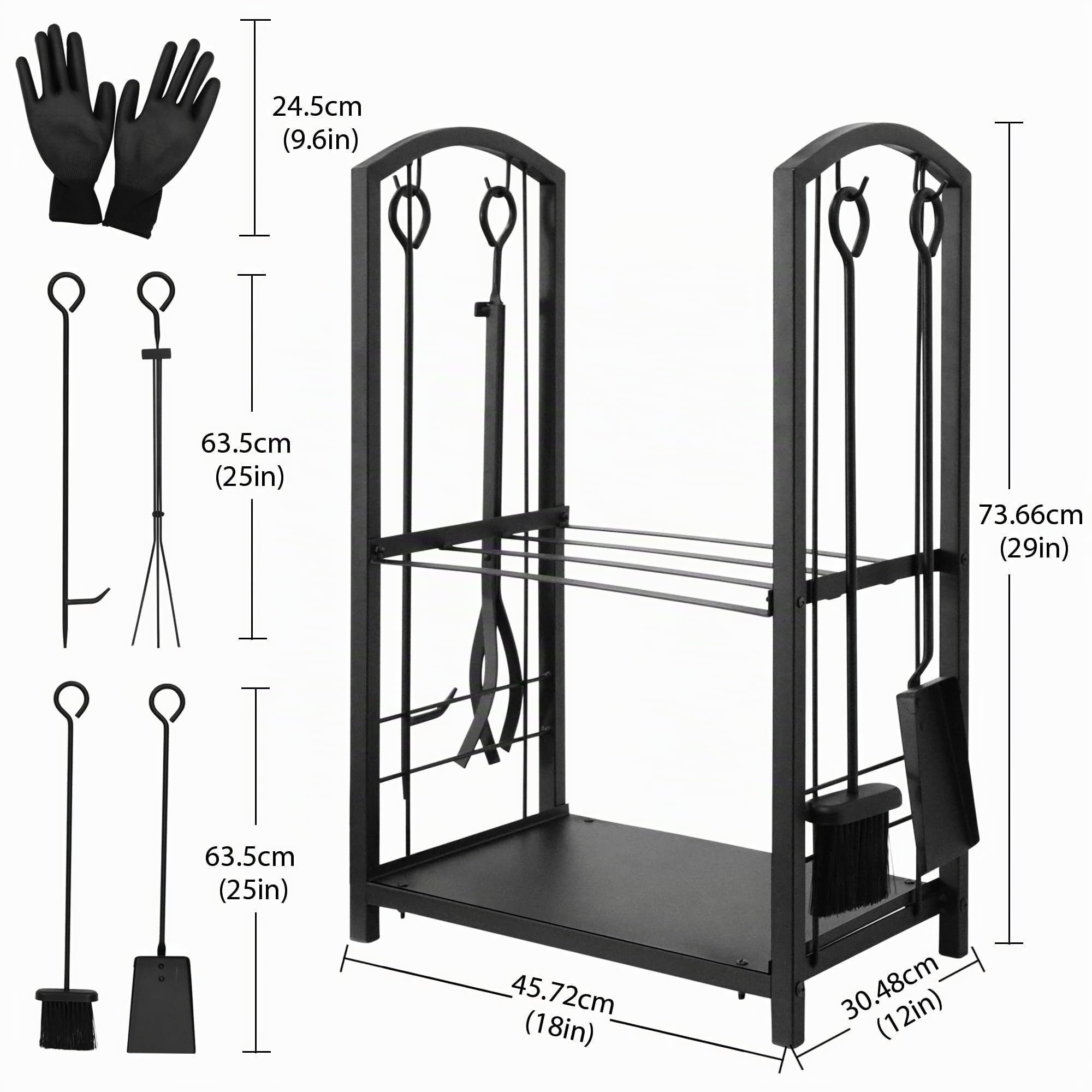 Melko Ensemble de 6 pièces de rangement pour bois de cheminée et gants de cheminée avec crochets latéraux pour intérieur et extérieur - Étagère en métal à 2 niveaux - Dimensions : 46x31x74 cm