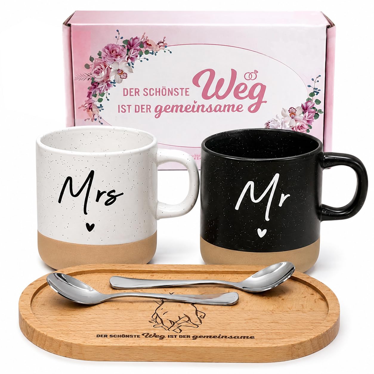 LOZACHE Geschenke für Paare Mr & Mrs Tassen Set mit Holztablett & Löffeln | Hochzeitsgeschenke für Brautpaar, Personalisierte Valentinstag Jahrestag Hochzeit Verlobung Geschenkset mit Geschenkbox