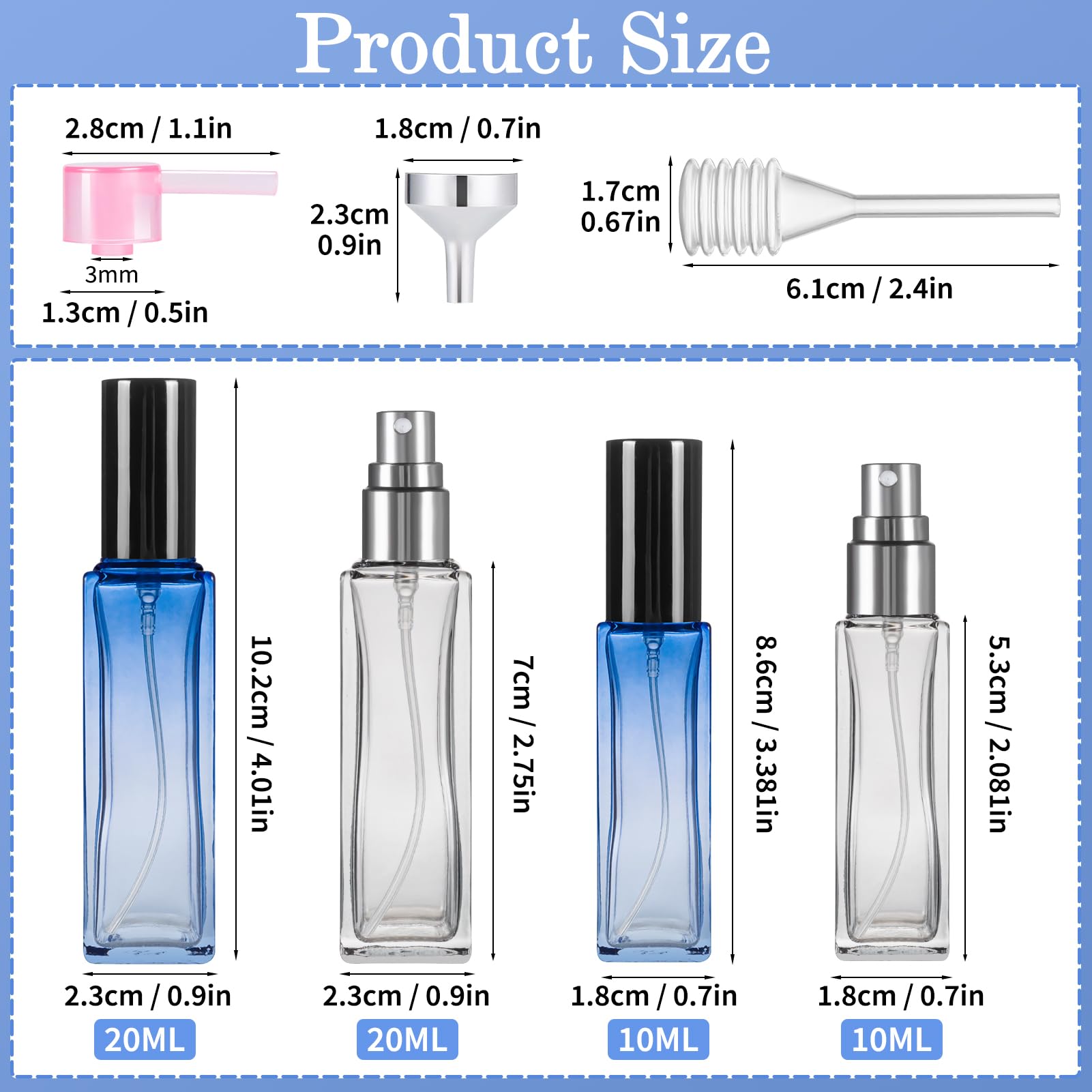 MELLIEX 4 Stück Glas Parfüm Abfüller Klare Leer Parfümzerstäuber Nachfüllbar Tragbare Sprühflasche mit Feinem Nebel für Tägliche Geschäftsreisen, 10ml/20ml
