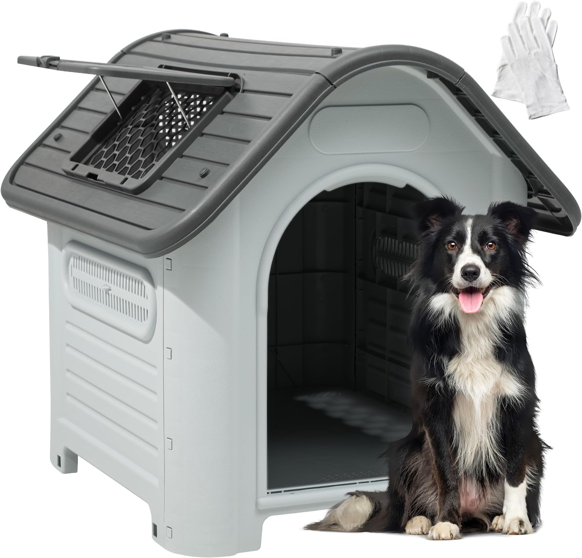 YITAHOME Medium Plastic Dog House, Water Resistant & Anti-UV Pet House Outdoor Indoor, Dog Kennels for Outside Puppy Shelter with Elevated Floor/Air Vents/Skylight, Grey, 87 x 72 x 75 cm