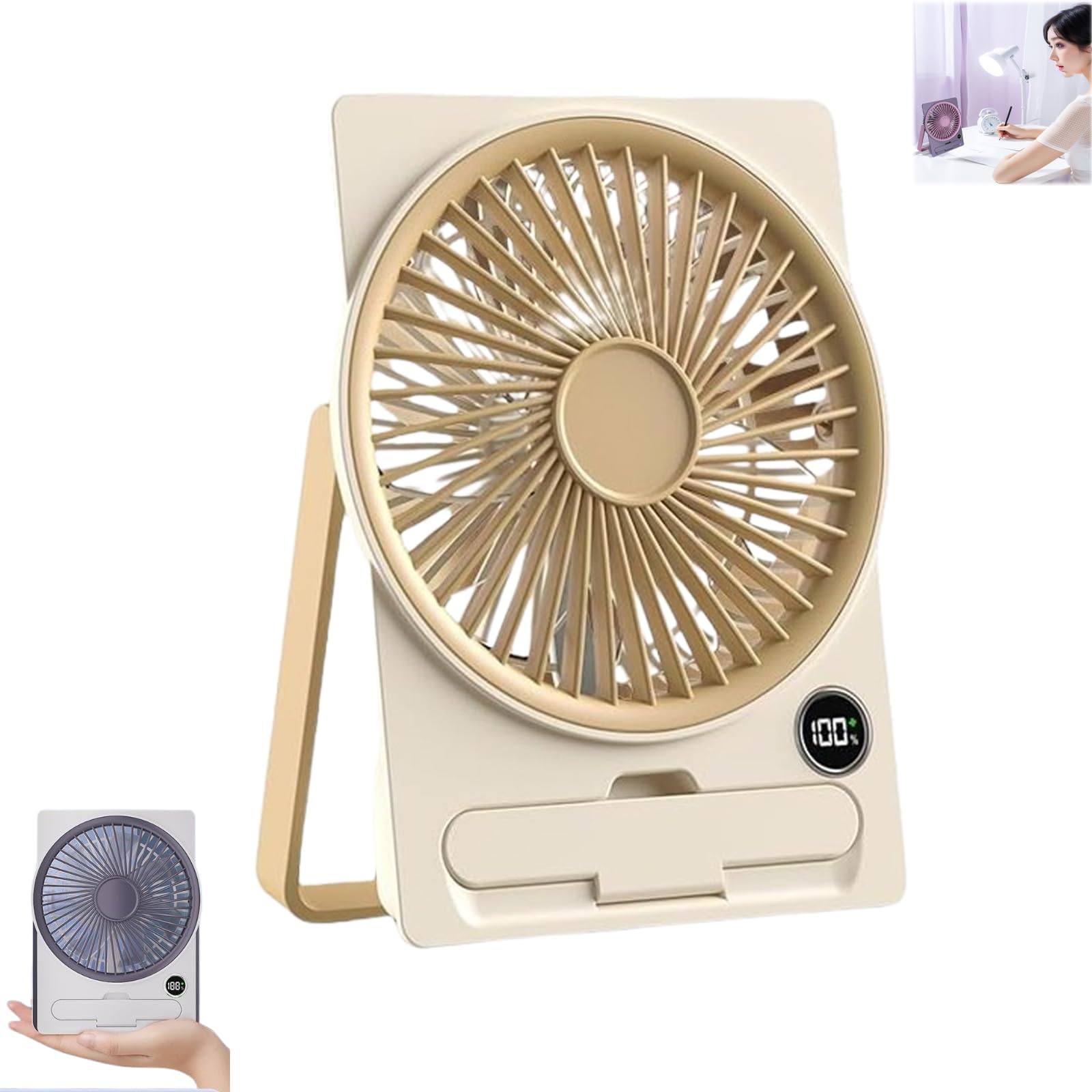 Cotozic Ultra Slim Card Usb Rechargeable Mini Fan, 2025 New Powerful Breeze Slim Card Fan, Ultra-Quiet Portable Desk Fan, 180 Tilt Mini Folding Fan, Hanging & Standing (Khaki)
