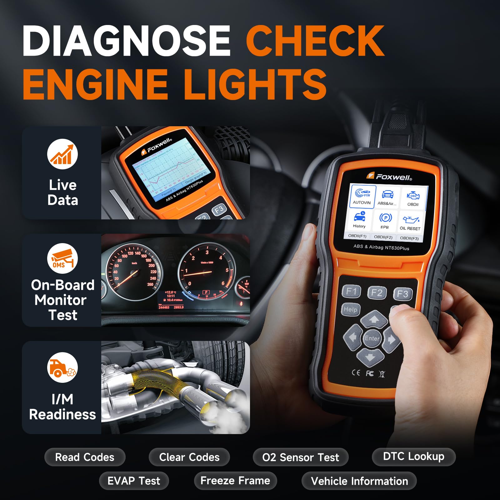 FOXWELL NT630 Plus OBD2 Outil de Diagnostic Scanner, ABS Scanner de Freins SRS Lecteur de Code Automobile Contrôle Bibirectionnel avec Airbag Light Reset SAS Oil Light EPB Service