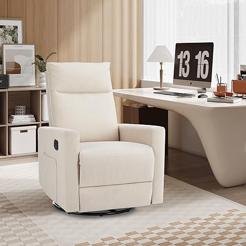 Miniatura 6 de Taiweny Silla reclinable giratoria, tapizada de tela de lino, sillas reclinables manuales con función giratoria de 360 grados, planeador de