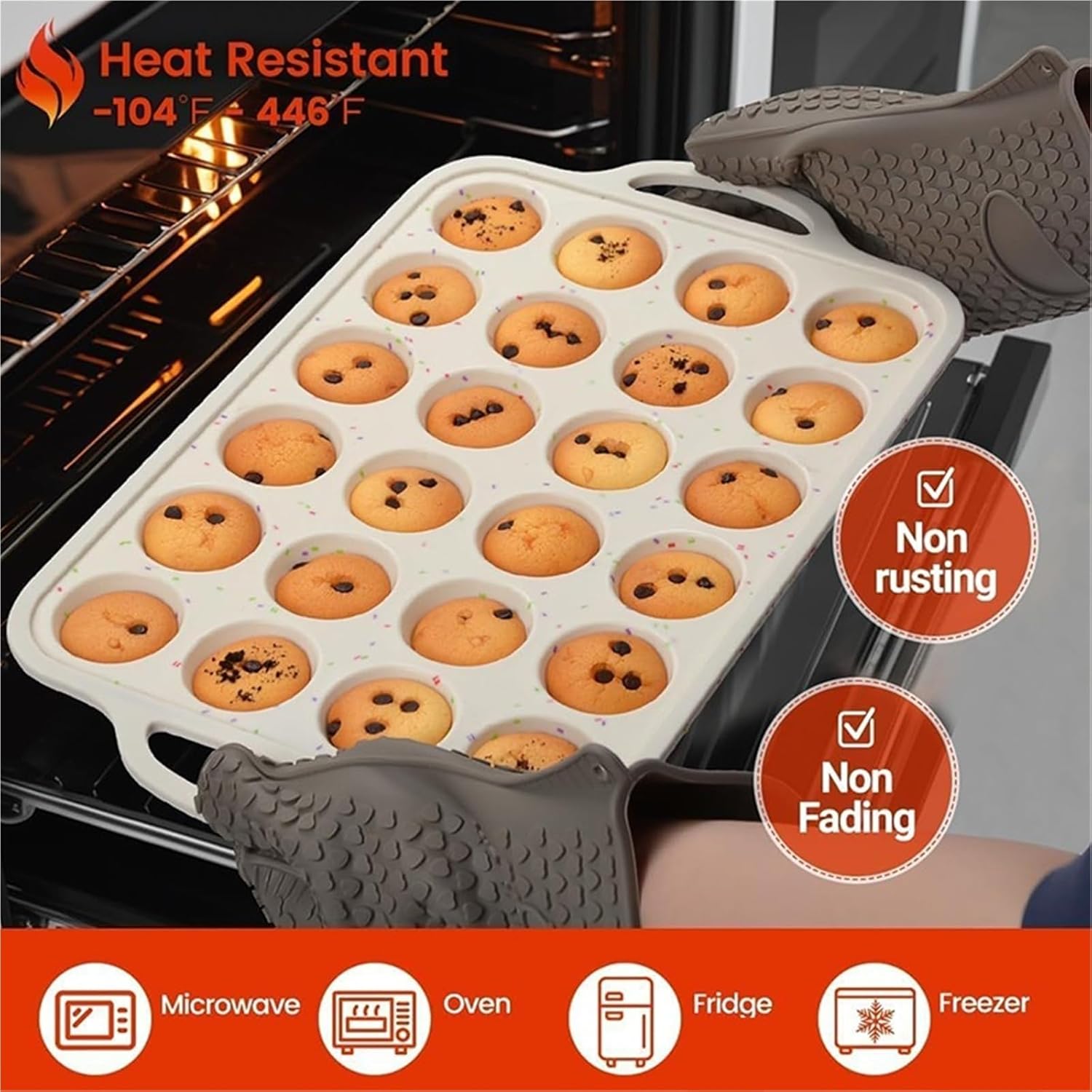 24 Cups Nonstick Mini Muffin Pan, Silicone Mini Cupcake Pan with Metal Reinforced Frame, Baking Molds
