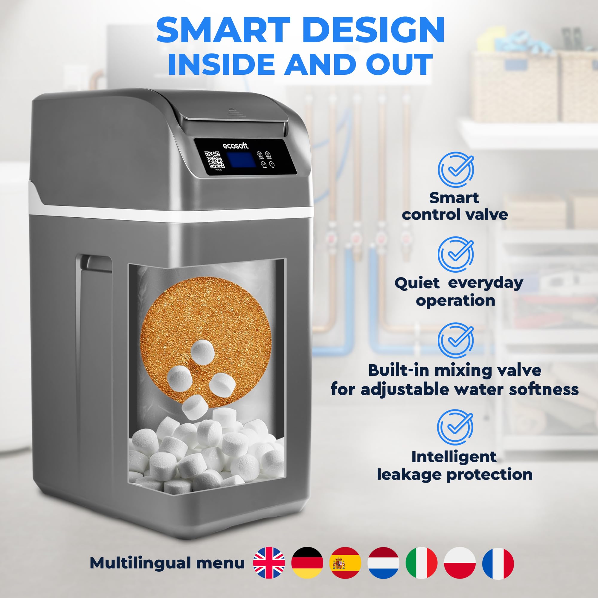 Ecosoft CUBE 150 Descalcificador Compacto para Hogares de hasta 4 Personas | Totalmente Automático, Modo Vacaciones, Aviso para Rellenar la Sal, Conexiones No Incluidas, Pastillas de Sal