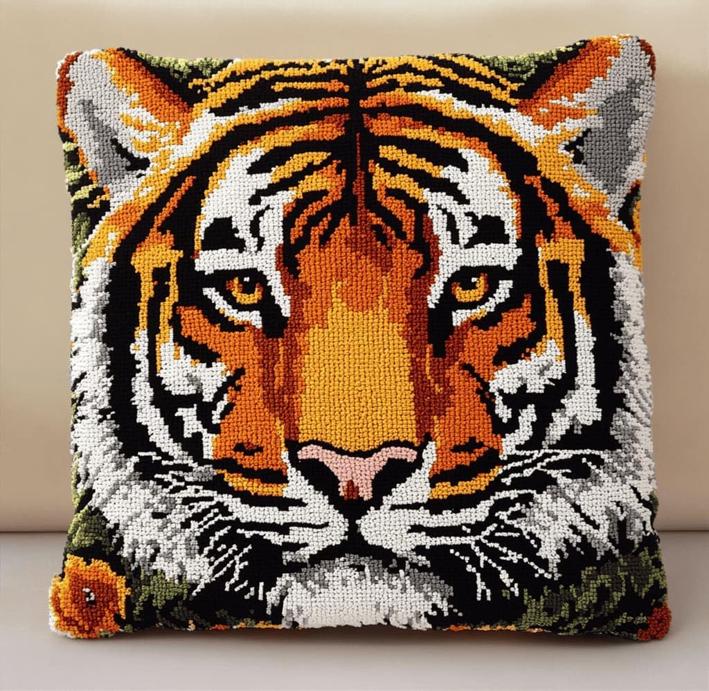 Kitquiver Latch Hook Kits for Adults Tiger Rug Cover Pillowcase Beginner DIY Needlework Embroidery Kits Handmade Set Craft Sofa Home Decor 43X43Cm
