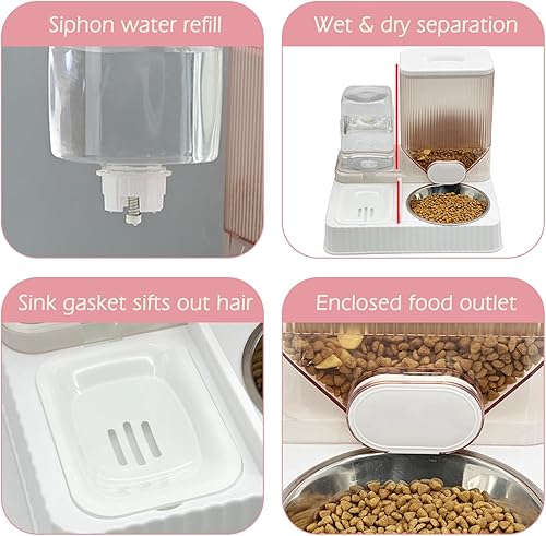 Vista 4 de Fhiny Alimentador de gravedad y dispensador de agua, 2 en 1, bebedero automático para cachorros, juego de cuencos de comida de acero inoxidable