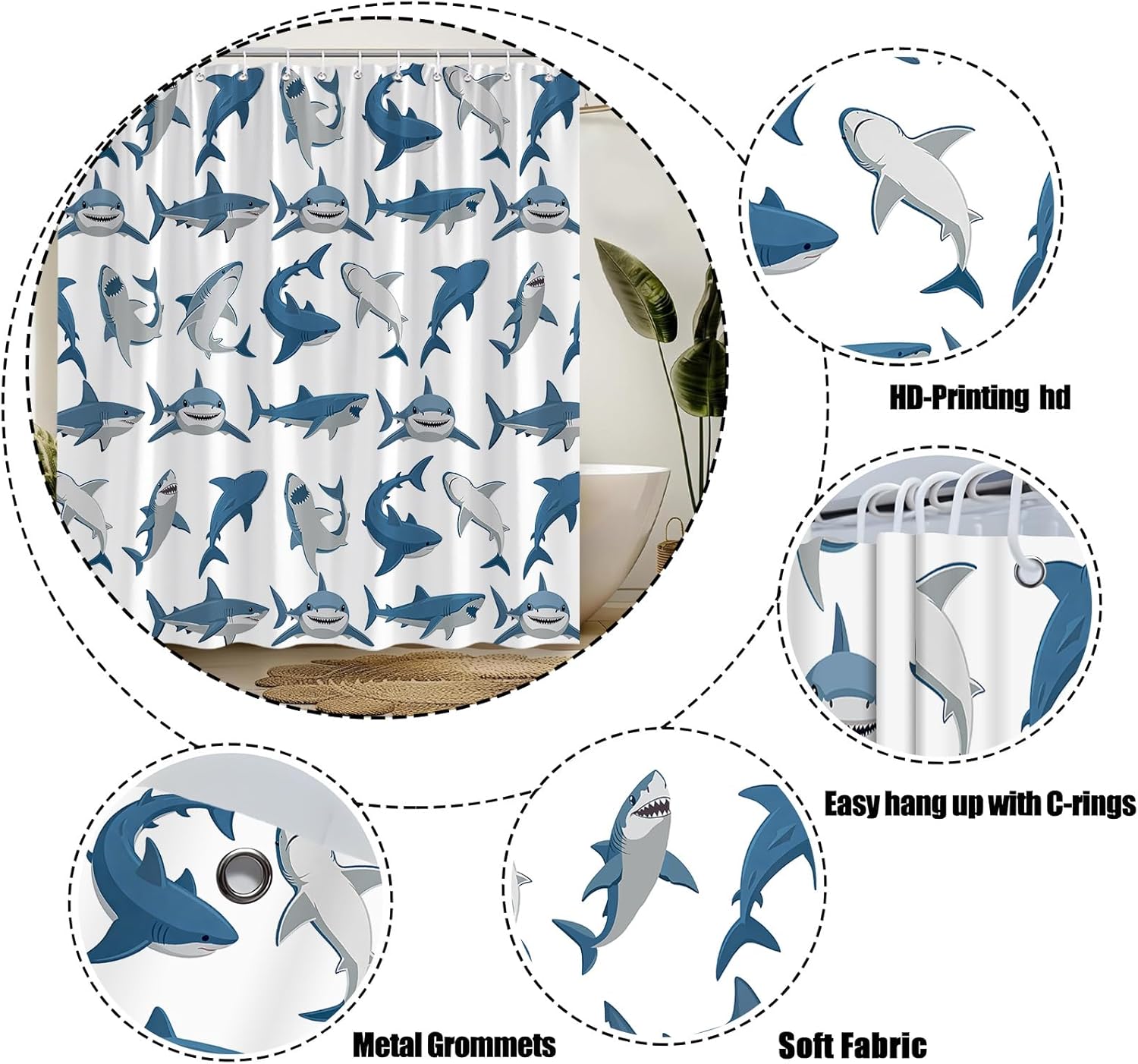 GCTNBJL Shark Shower Curtain Ocean Animal Shark Open The Mouth Fish Sea Marnie Underwater Nautical Bathroom Curtain with Hooks,Blue Gray White