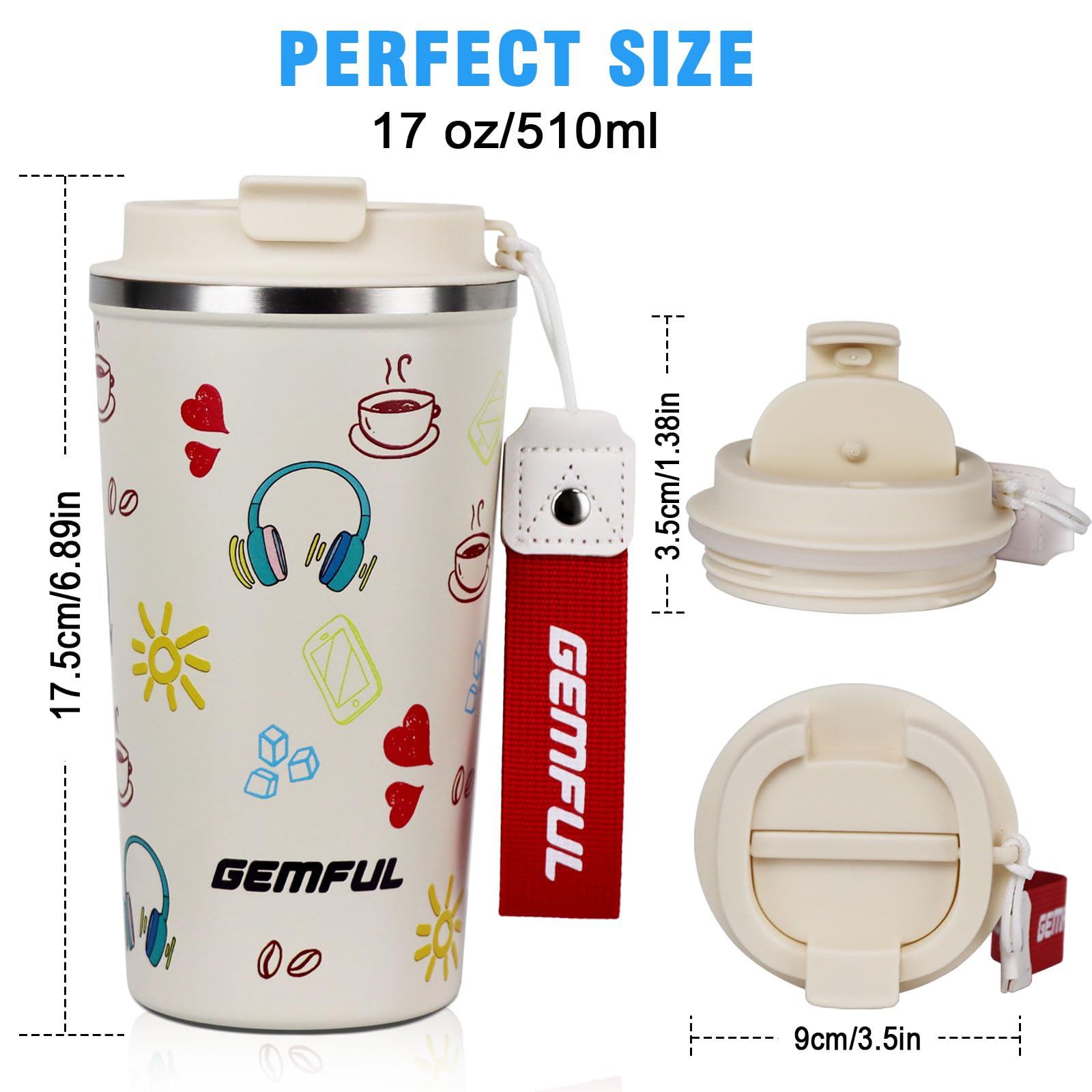 GEMFUL 510ml Insulated Travel Mug, Stainless Steel Double Wall Coffee Mug - Leak Proof Thermos for Hot & Cold Drinks (Cream) - Image 3
