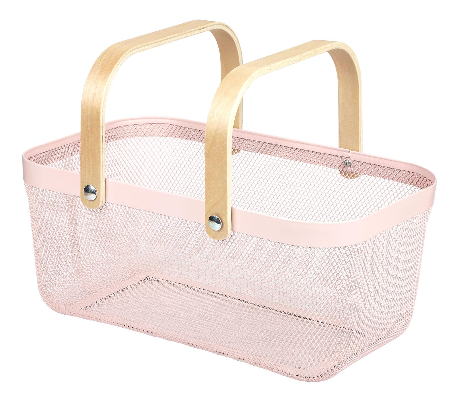 Coloful Metal Mesh Wire Basket with Foldable Wooden Handle,Bin Garden Fruit Vegetable Storage Hanging Harvest Holder for Kitchen Bathroom Picnic (Light Pink, Cuboid-15.7 x 9.5 x 7.2“)