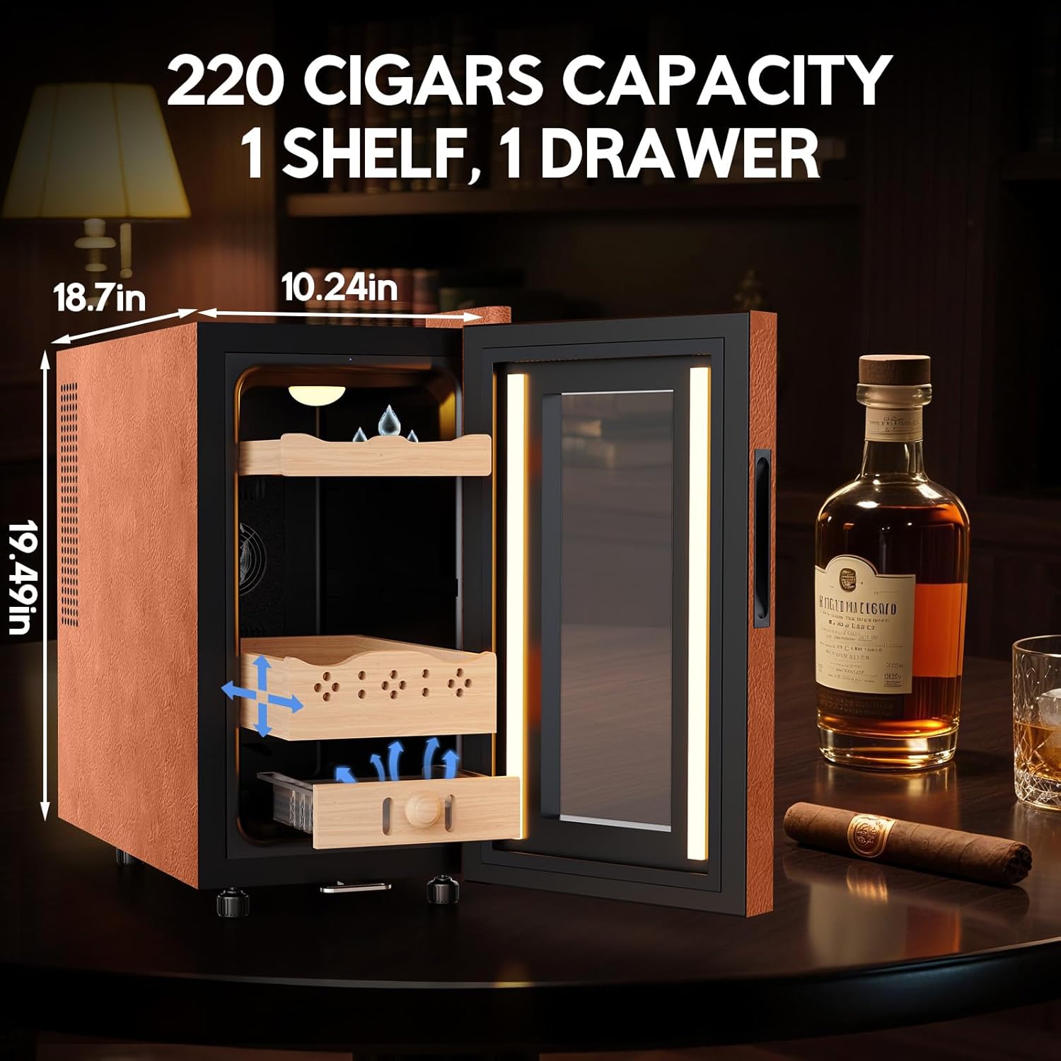 Tylza Leather Trim Cigar Humidor, 25L Cigar Humidor Cabinet with Auto Humidity & Temp Control, 220 Counts, 3 LED Lights, Spanish Cedar Wood, Cigar Humidors with Safety Lock, Gifts for Men