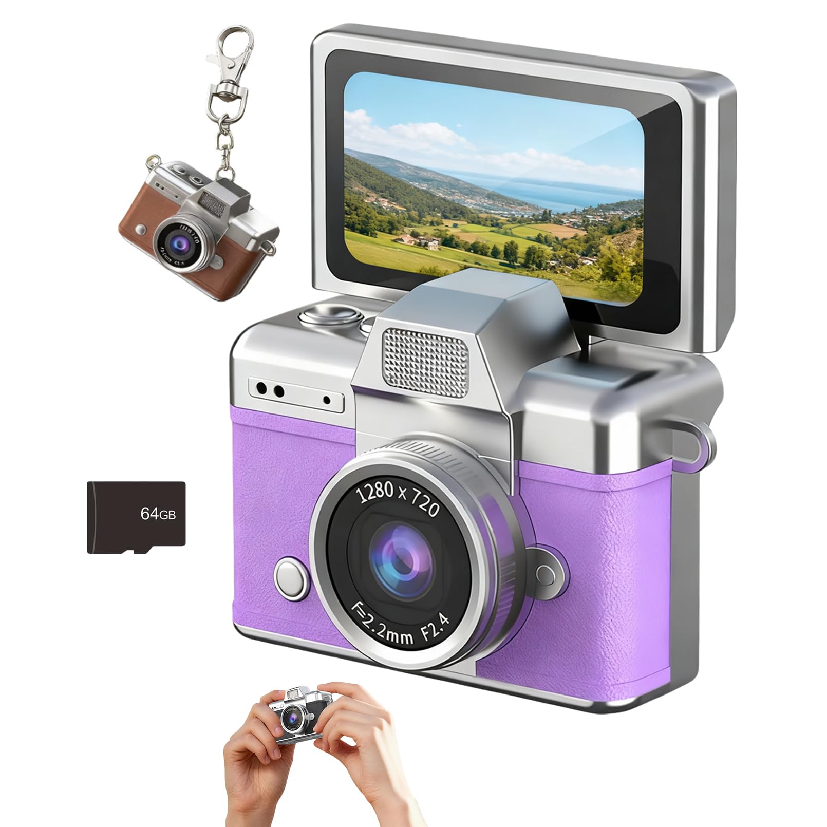 Mini Digital Camera Keychain with 1.47 in LCD Screen 1080P, 2026 New Mini Retro Camera, Retro Ccd Digital Camera with Lanyard, Built-in Flash, Include 64gb Tf Card for Travel Party (Purple)-image-24