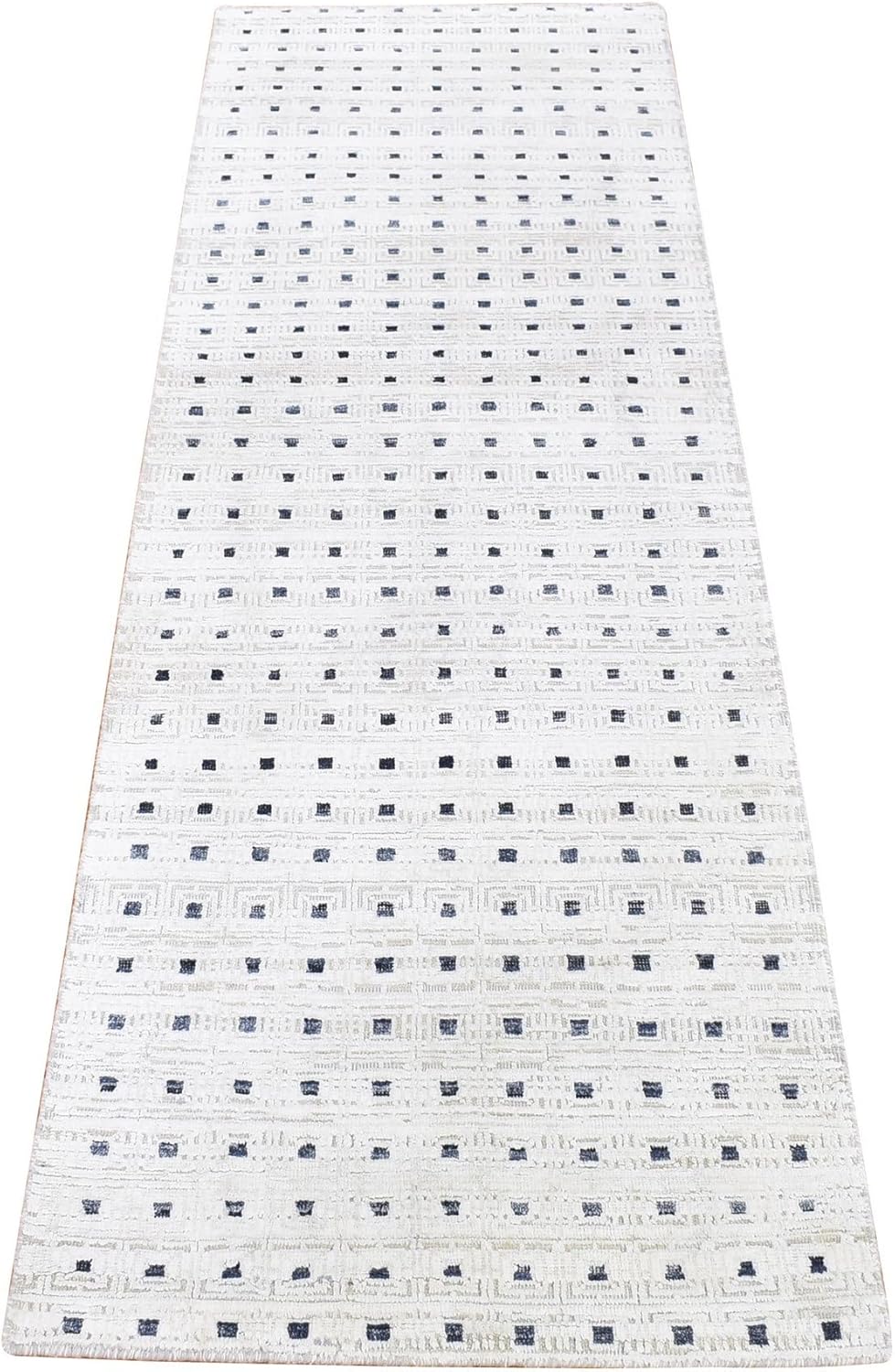 Ivory Pure Silk with Textured Wool Hand Knotted Modern with Squares Design Runner Oriental Rug (2'7"x8'1")