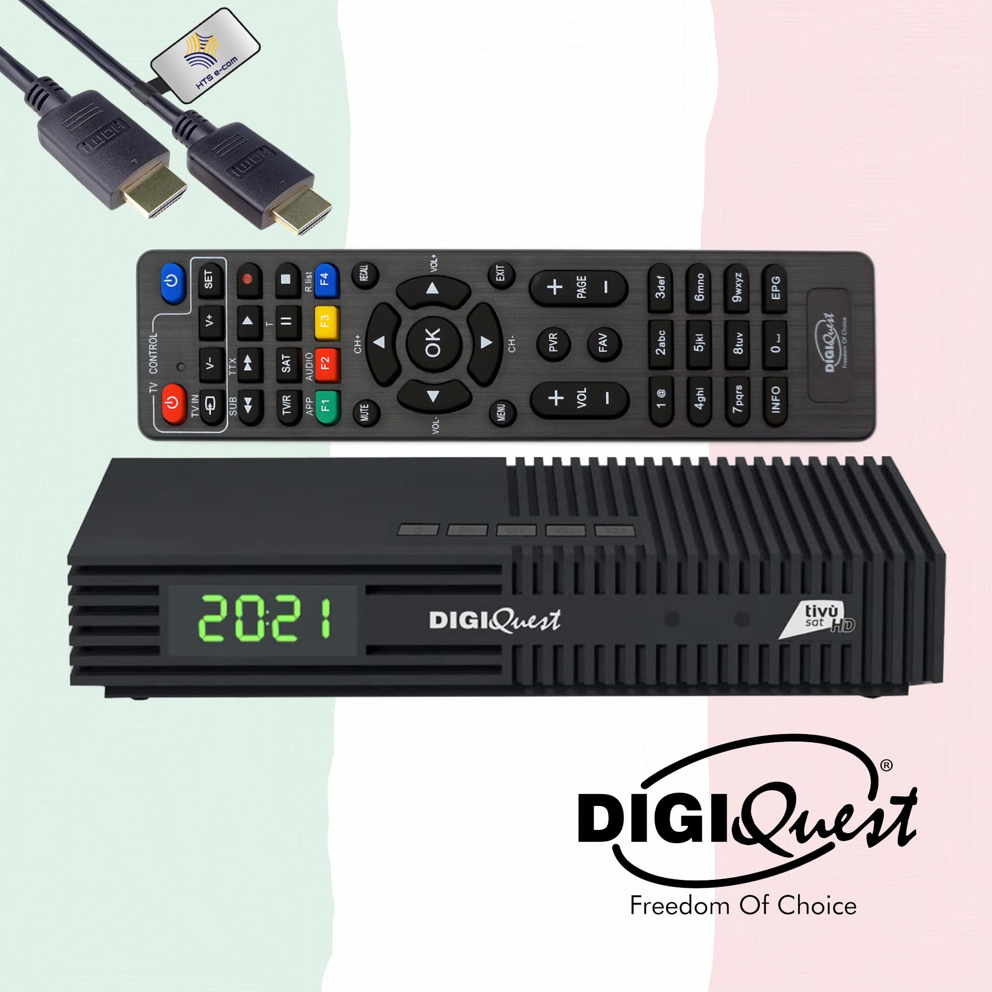 DIGIQuest Ti9 HD Sat-Receiver mit TivùSat HD Karte aktiviert, HTS eCom HDMI | Tivu zertifiziert, DVB-S2, Full HD 10Bit HEVC, Italien TV, Rai, Mediaset, LA7, Hotbird 13°, USB, 12V-Betrieb
