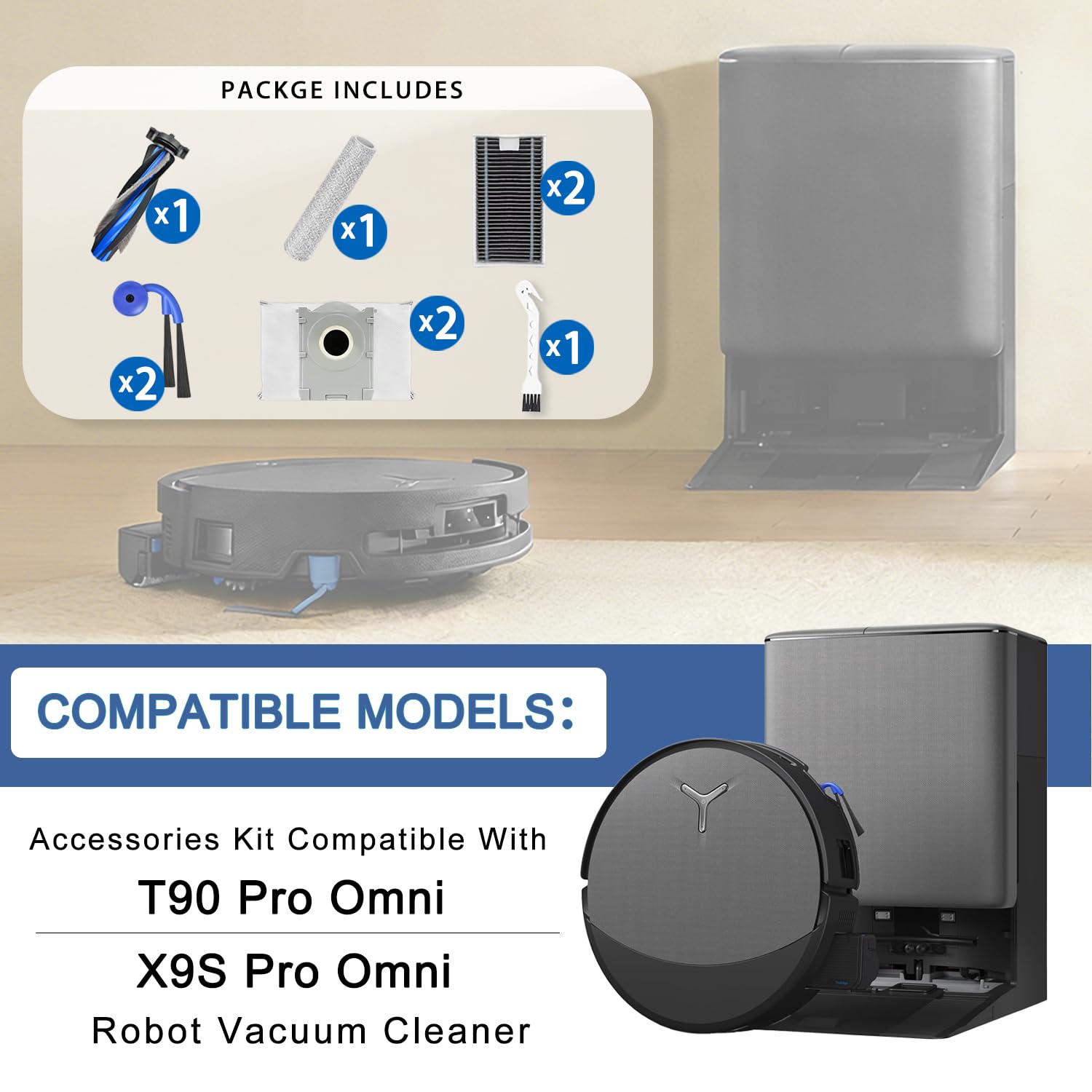 Kit de piezas de repuesto para aspiradora Ecovacs X9S Pro Omni – Incluye 1 cepillo principal, 2 filtros HEPA, 2 cepillos de rodillo, 2 cepillos laterales, accesorios esenciales para un rendimiento