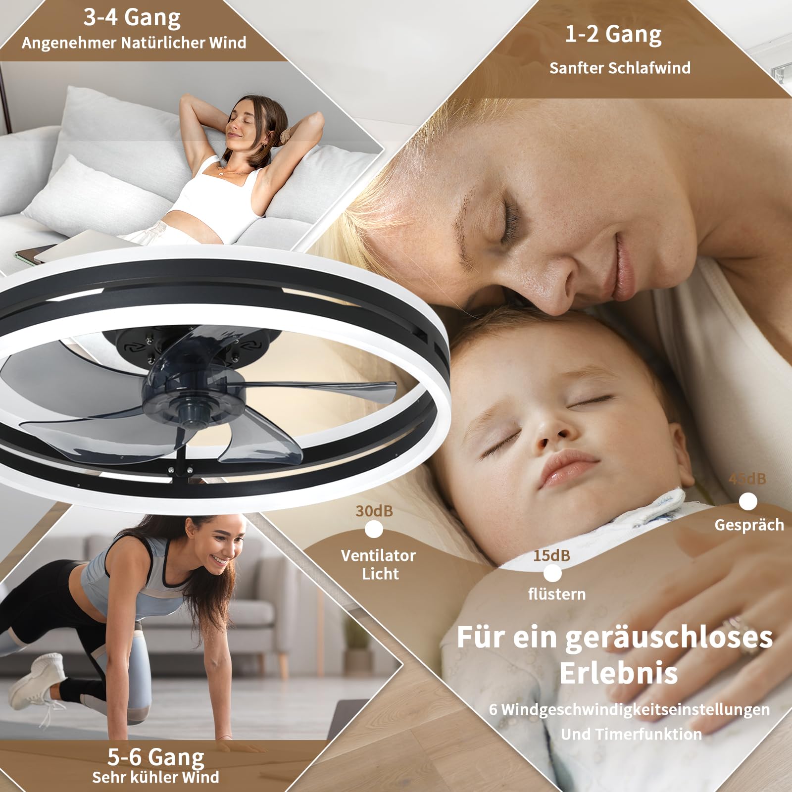 Cichy wentylator sufitowy z oświetleniem, 50 W, ściemniana, lampa sufitowa z pilotem zdalnego sterowania i aplikacją, 6 prędkości, z wentylatorem, timerem, do sypialni, salonu, kolor czarny, 40 cm