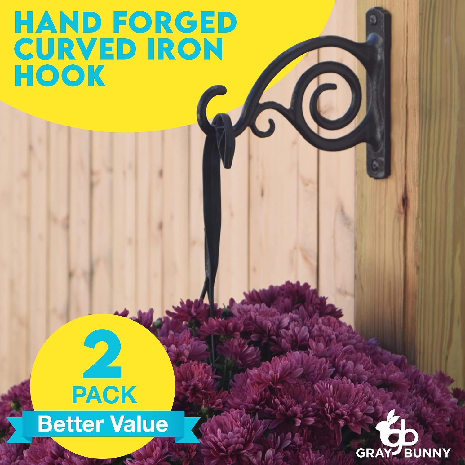 Gray Bunny 2 Pack Outdoor Plant Hanger Hook, 6” Large Victorian Heavy Duty Iron Wall Hooks for Bird Feeders, Lanterns, Wind Chimes, Patio Decor - Black