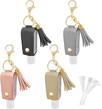 4 Pack Travel Hand Sanitizer Keychain, Leather Holder with Funnel | PU Leather Case, PET Bottle, 30ml, Flip Cap Leakproof, Refillable, Tassel Keychain, Black Pink Khaki Grey