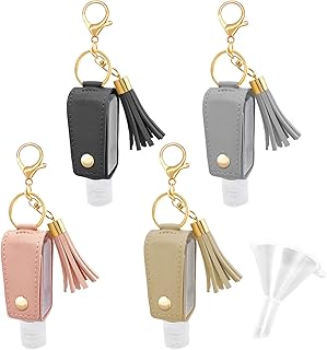 4 Pack Portable Travel Hand Sanitizer Keychain Holder with Funnel, Small Leather Empty Travel Size, 30ml Mini Hand Sanitizer with Refillable Bottle for Toiletry Shampoo Lotion Liquid Soap