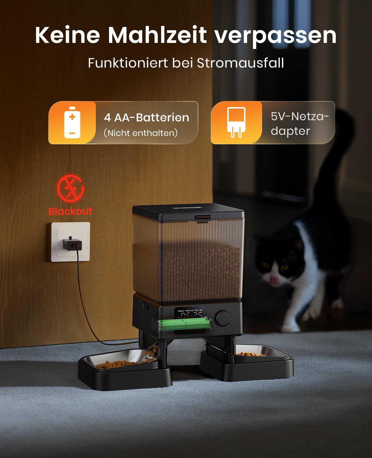 oneisall 5L Futterautomat Katze 2 Näpfe, Katzenfutter Automat mit Edelstahlschüssel, Voice Recorder