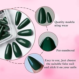 LoveOurHome 240pc Christmas Medium Press on Nails Almond Fake Nails Short Stiletto Almond Green Acrylic Nails Press ons Nail Full Cover False Artificial Nail with Glue Adhesive Tabs for Women Girls