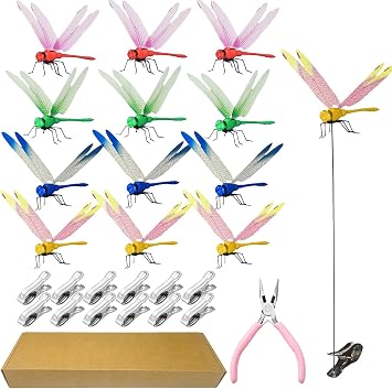 Kleeblatt Dragonfly Clip 12pcs - DIY Fake Dragon Fly Clips, Hair Accessories, Garden Decor, and Outdoor Decorative Stakes - Ideal for Garden & Patio Enhancementin Boxs