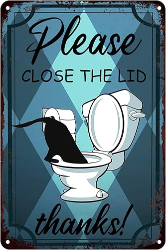 Letrero de metal divertido para baño reglas de inodoro letrero de metal vintage con texto en inglés Please close the tapa letrero de metal vintage