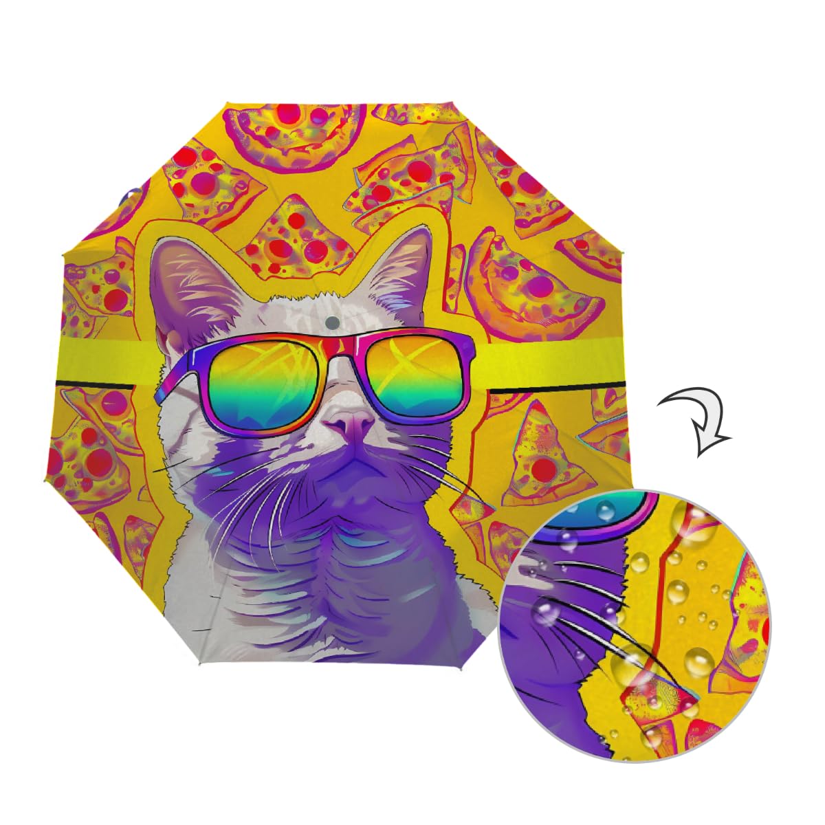Ombrello pieghevole da viaggio con motivo pizza, con gatto, compatto, antivento, impermeabile, con protezione UV, rivestimento nero, leggero, 8 costine, portatile, per pioggia e sole