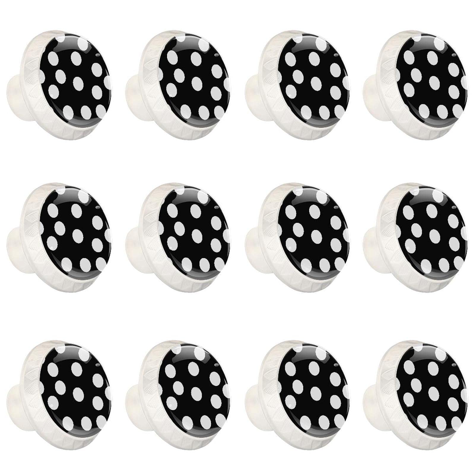 Boutons d'armoires de cuisine ronds blancs et noirs à pois, lot de 12 poignées