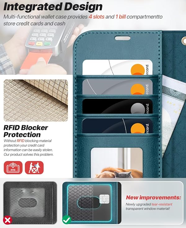 OCASE for iPhone Air Detachable Wallet Case with Card Holder, 2 in 1 PU Leather Flip Folio with RFID Blocking Stand Wrist Strap Shockproof Phone Cover 6.5 Inch 2025, Peacock Blue by OCASE - Used condition - Image 3