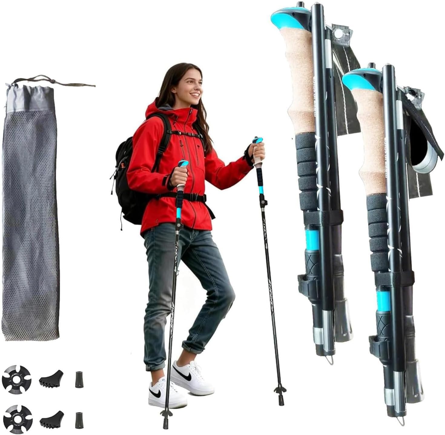 Hiking Poles for Women, Men, Seniors - Ultralight Foldable Trekking Poles & Walking Sticks with 1/4" Thread, Tip Kit (Phone Stand Sold Separately)